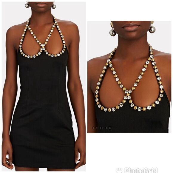 NWT Area Crystal Dome Heart Sleeveless Strappy Halter Mini Dress Black Small - Picture 1 of 13
